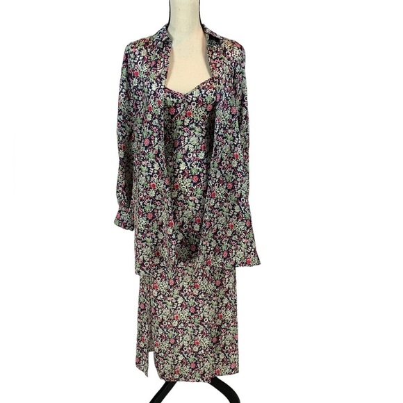Floral Mock Jacket Long Sleeve Maxi Dress - Black Pink Green - size 0 - Picture 1 of 7
